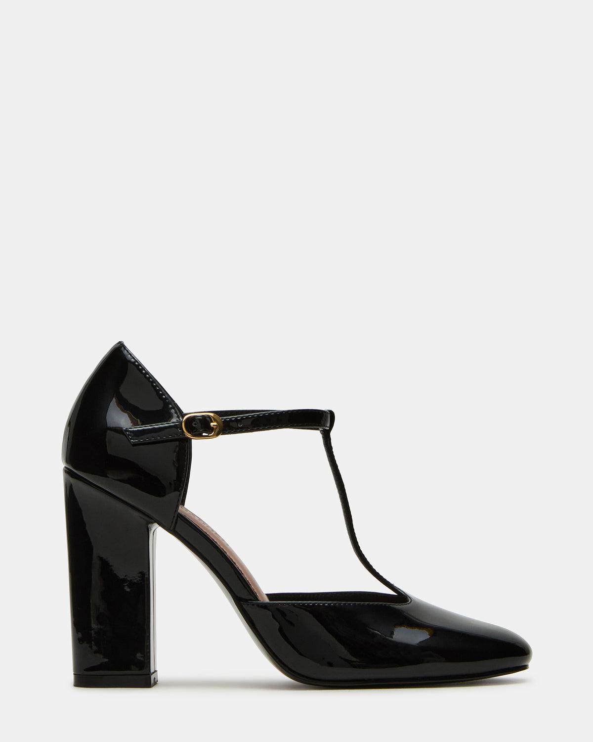 MALCOLM Black Patent T-Strap Block Heel Women's Heel | Steve Madden Discount