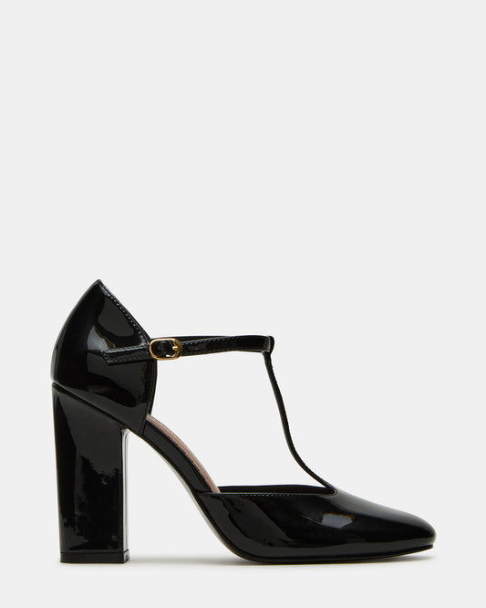 MALCOLM Black Patent T-Strap Block Heel Women's Heel | Steve Madden Discount
