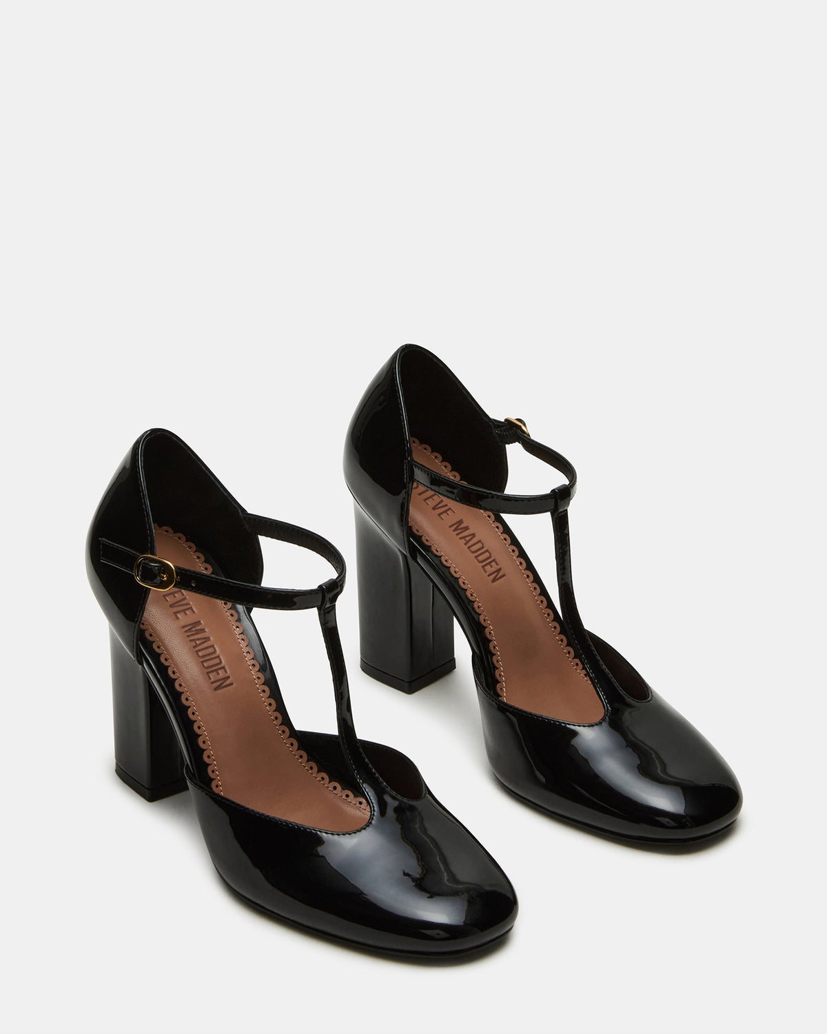 MALCOLM Black Patent T-Strap Block Heel Women's Heel | Steve Madden Discount