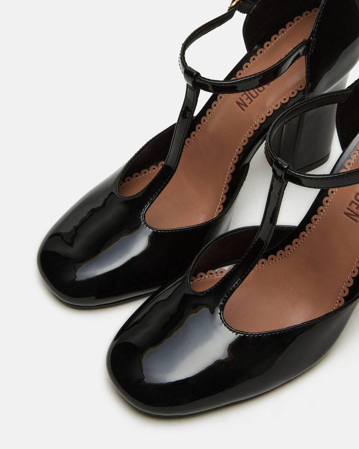 MALCOLM Black Patent T-Strap Block Heel Women's Heel | Steve Madden Discount