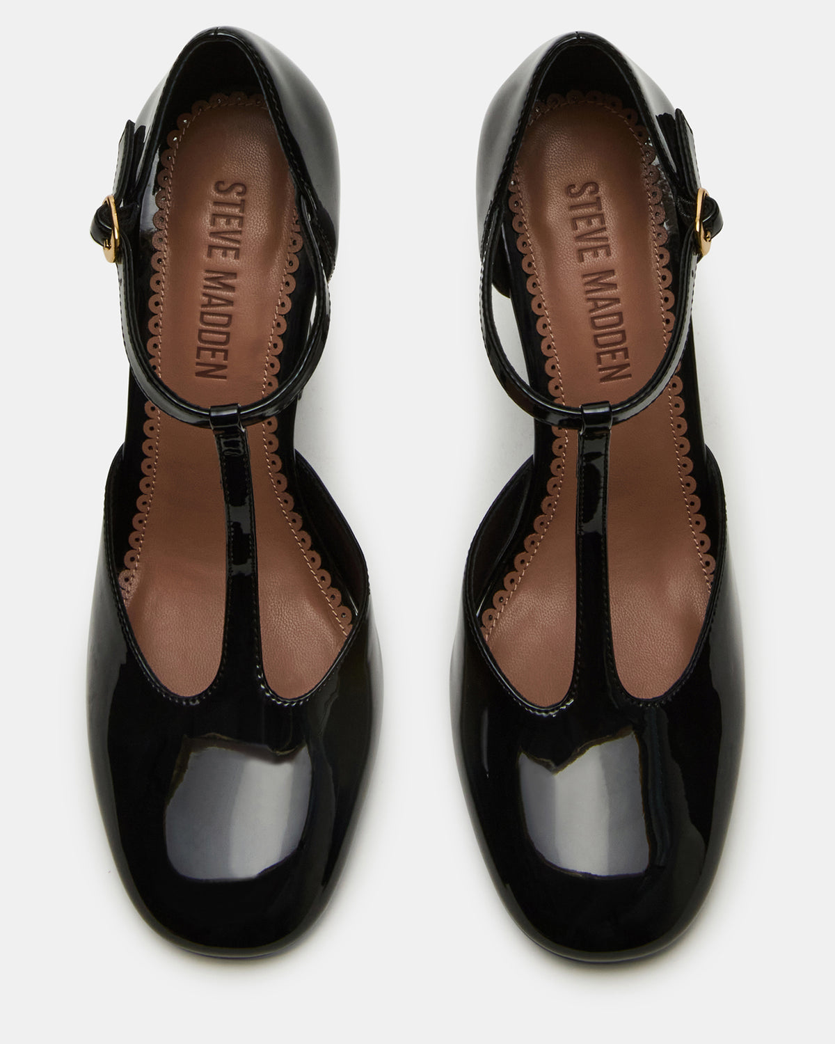 MALCOLM Black Patent T-Strap Block Heel Women's Heel | Steve Madden Discount