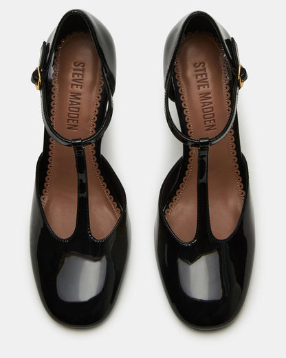 MALCOLM Black Patent T-Strap Block Heel Women's Heel | Steve Madden Discount