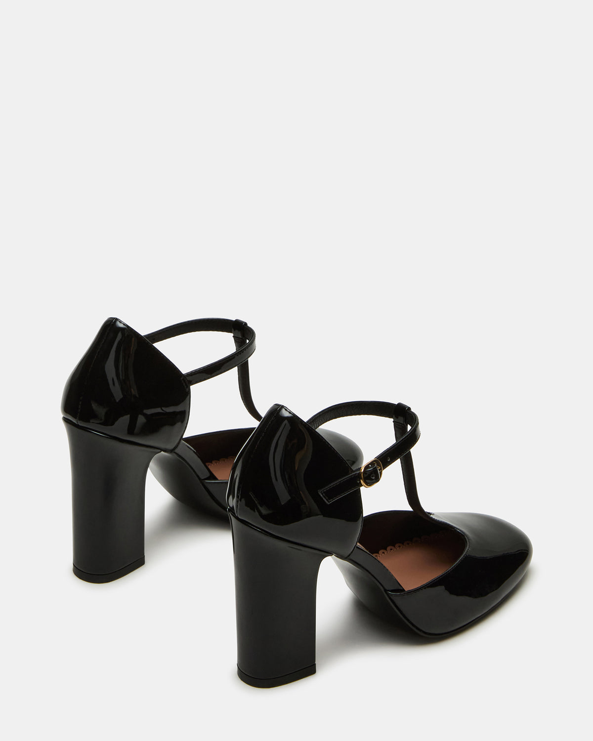 MALCOLM Black Patent T-Strap Block Heel Women's Heel | Steve Madden Discount