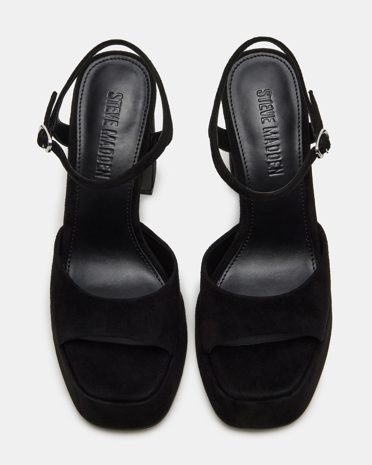 LINADRA Black Suede Women's Platform Square-Toe Strappy Heel | Steve Madden Essential