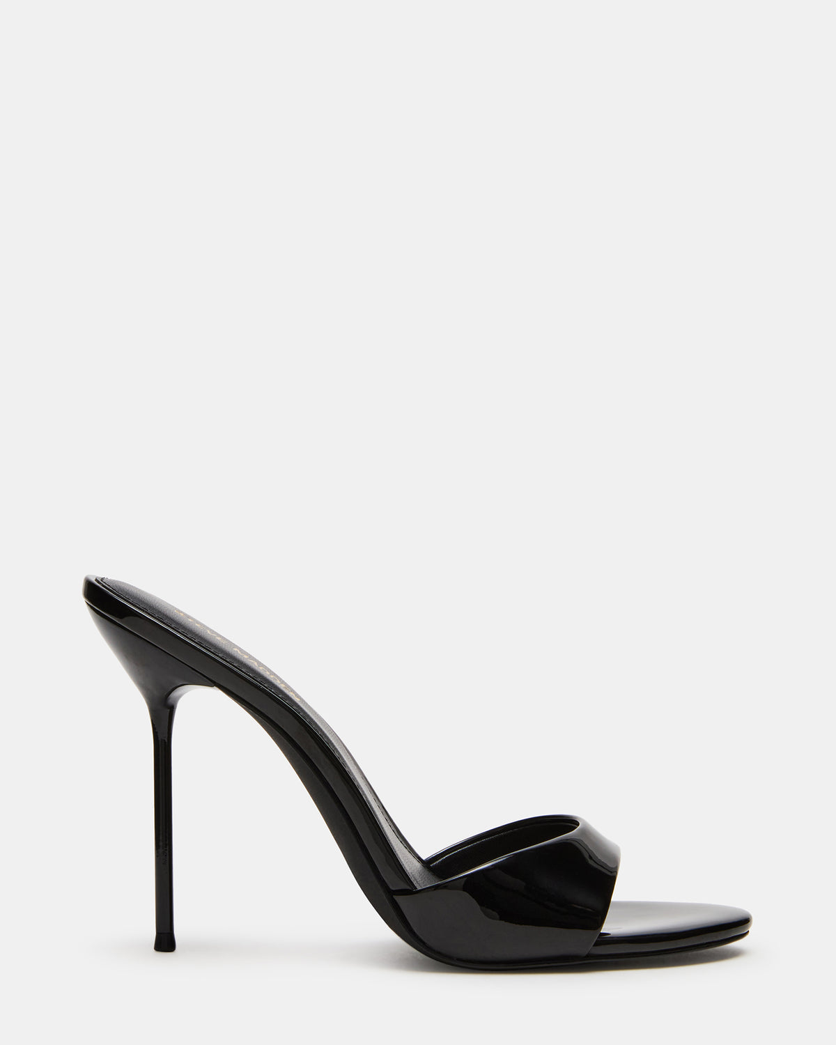 DAVINA Black Patent Rounded Open-Toe Mule Stiletto Women's Heel | Steve Madden Trusted