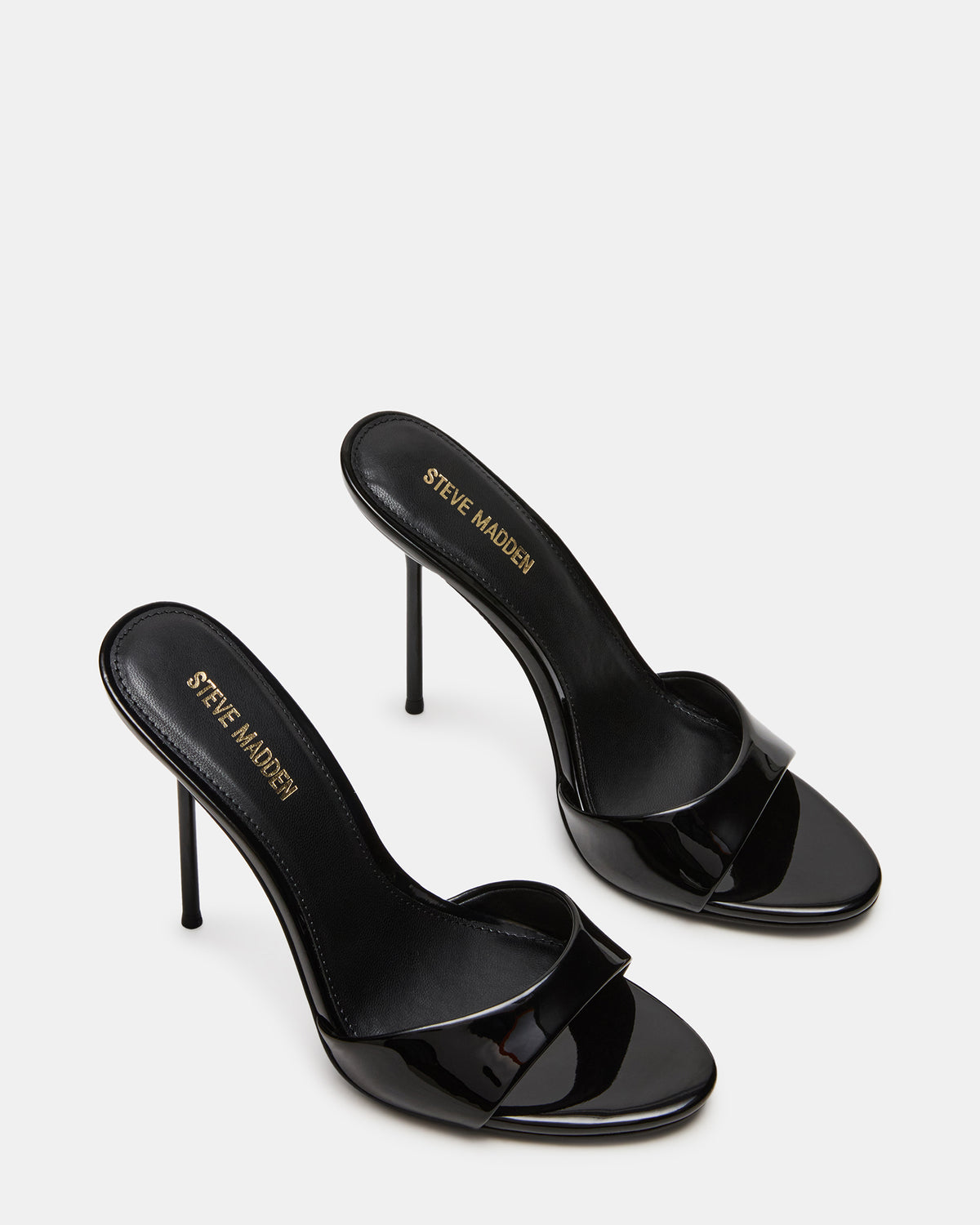 DAVINA Black Patent Rounded Open-Toe Mule Stiletto Women's Heel | Steve Madden Trusted