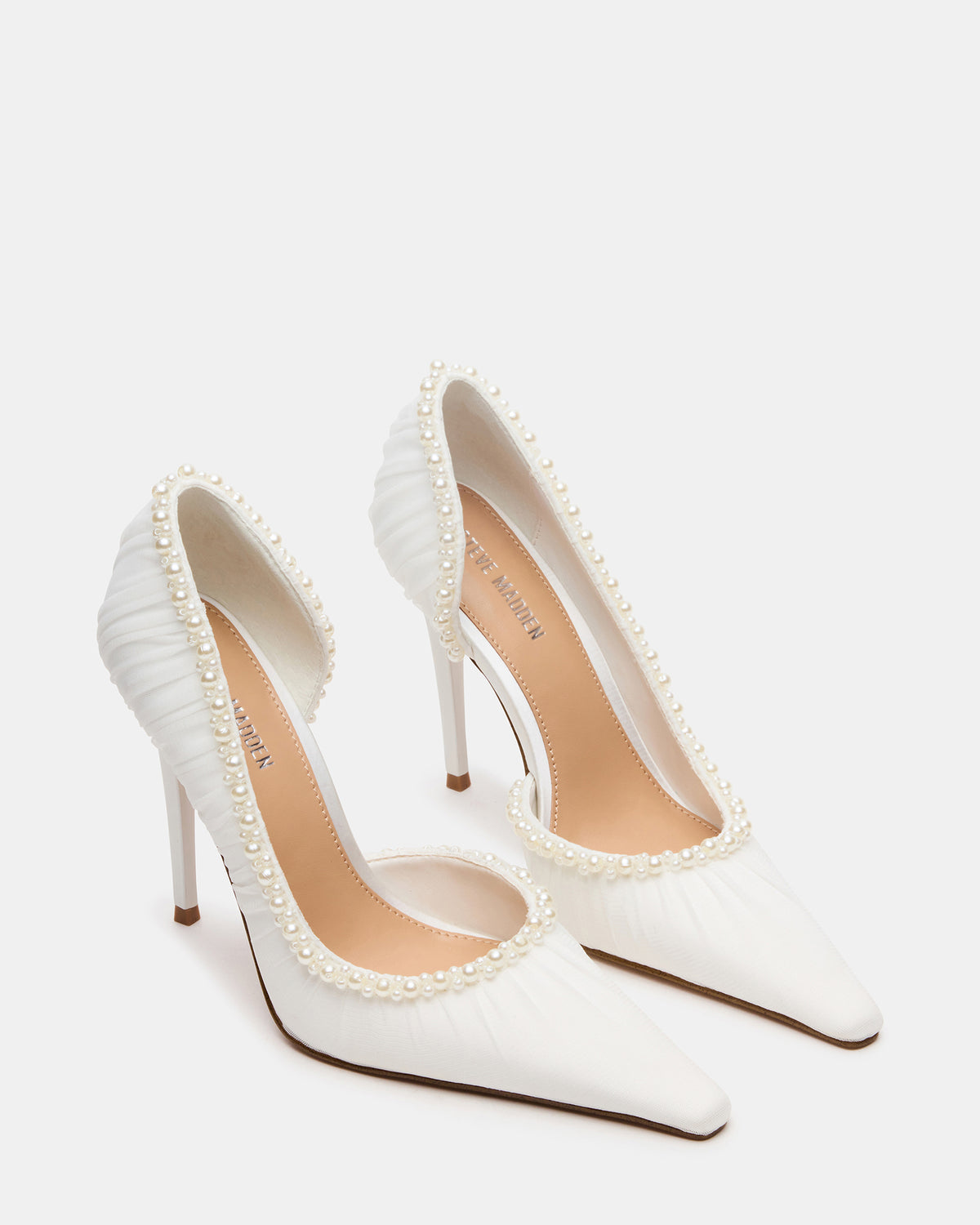 ELEGANT Pearl Ivory Mesh Ruched Pointed-Toe Stiletto Pump Women's Heel | Steve Madden Popular