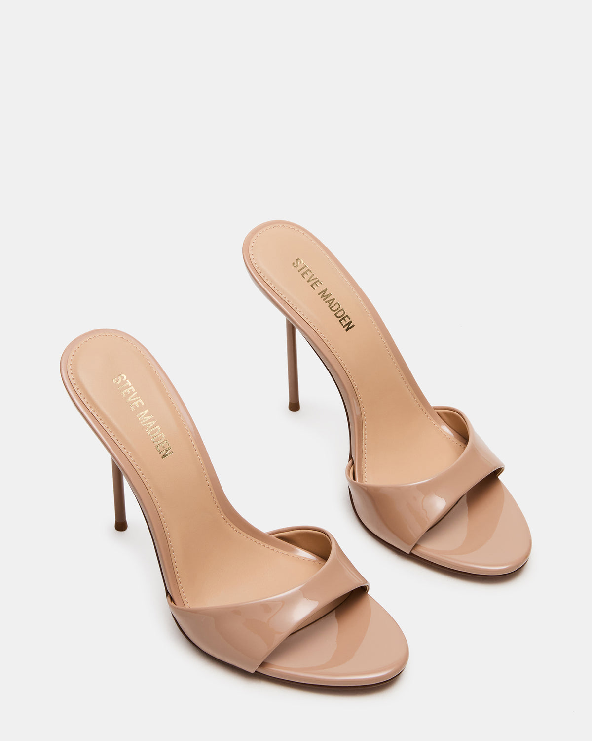 DAVINA Tan Patent Rounded Open-Toe Mule Stiletto Women's Heel | Steve Madden Trending