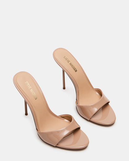 DAVINA Tan Patent Rounded Open-Toe Mule Stiletto Women's Heel | Steve Madden Trending