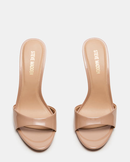 DAVINA Tan Patent Rounded Open-Toe Mule Stiletto Women's Heel | Steve Madden Trending