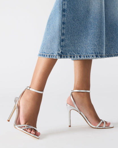 JYPSEY Silver Leather Strappy Stiletto Women's Heel | Steve Madden Discount