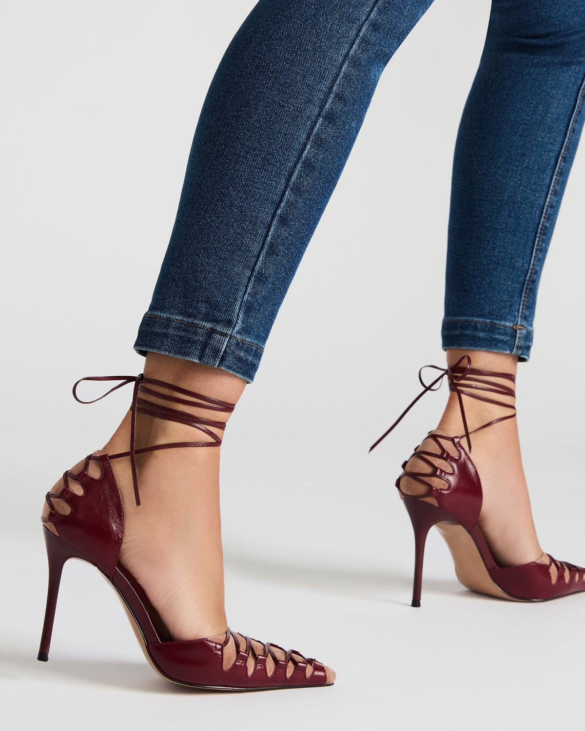 DANGER Burgundy Multi Pointed-Toe Lace-Up Stiletto Pump Women's Heel | Steve Madden Exclusive