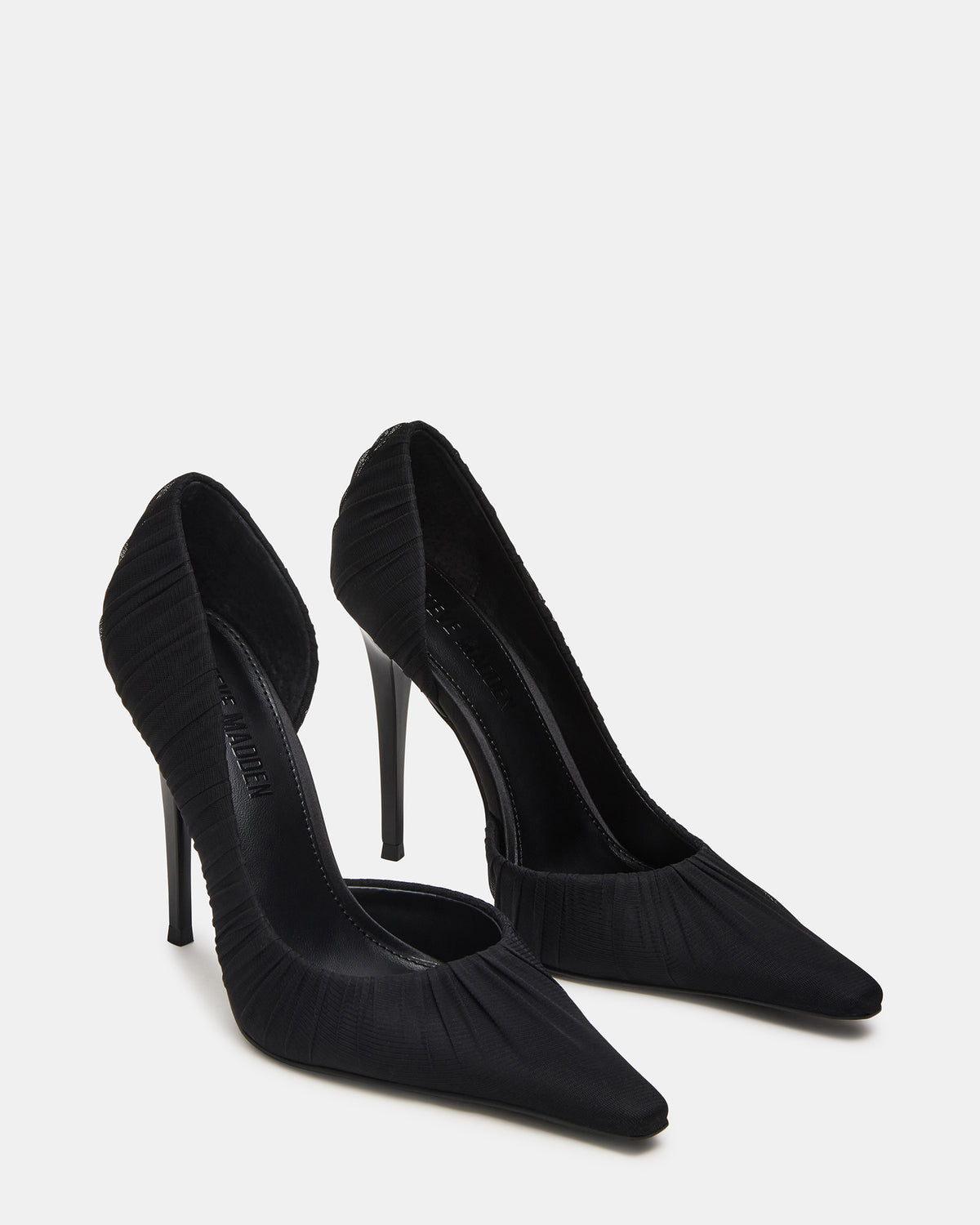 ELEGANT Black Ruched Pointed-Toe Stiletto Pump Women's Heel | Steve Madden Trusted