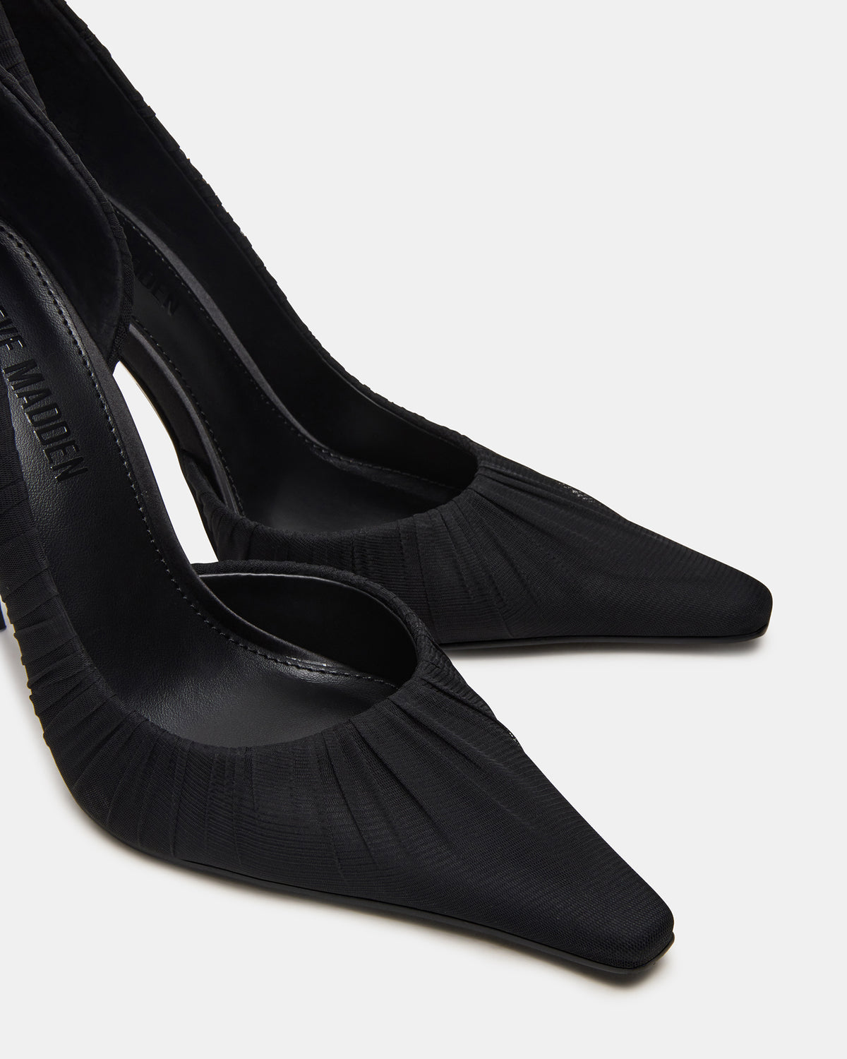 ELEGANT Black Ruched Pointed-Toe Stiletto Pump Women's Heel | Steve Madden Trusted