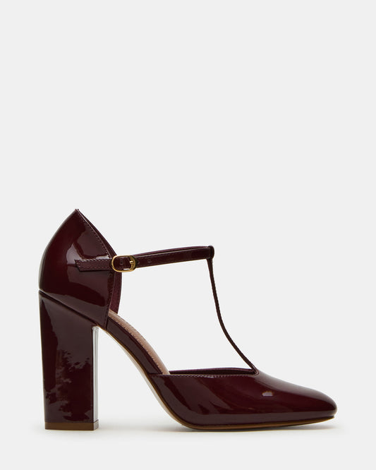 MALCOLM Burgundy Patent T-Strap Block Heel Women's Heel | Steve Madden Best Seller