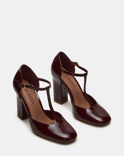 MALCOLM Burgundy Patent T-Strap Block Heel Women's Heel | Steve Madden Best Seller