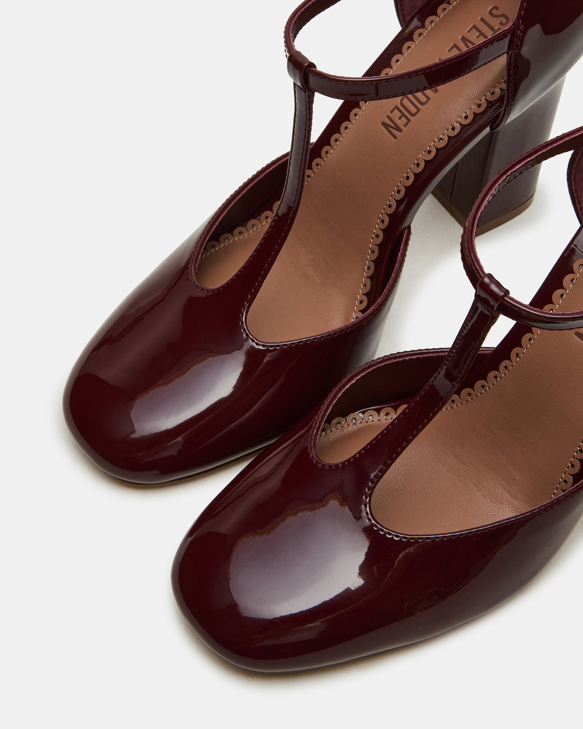 MALCOLM Burgundy Patent T-Strap Block Heel Women's Heel | Steve Madden Best Seller