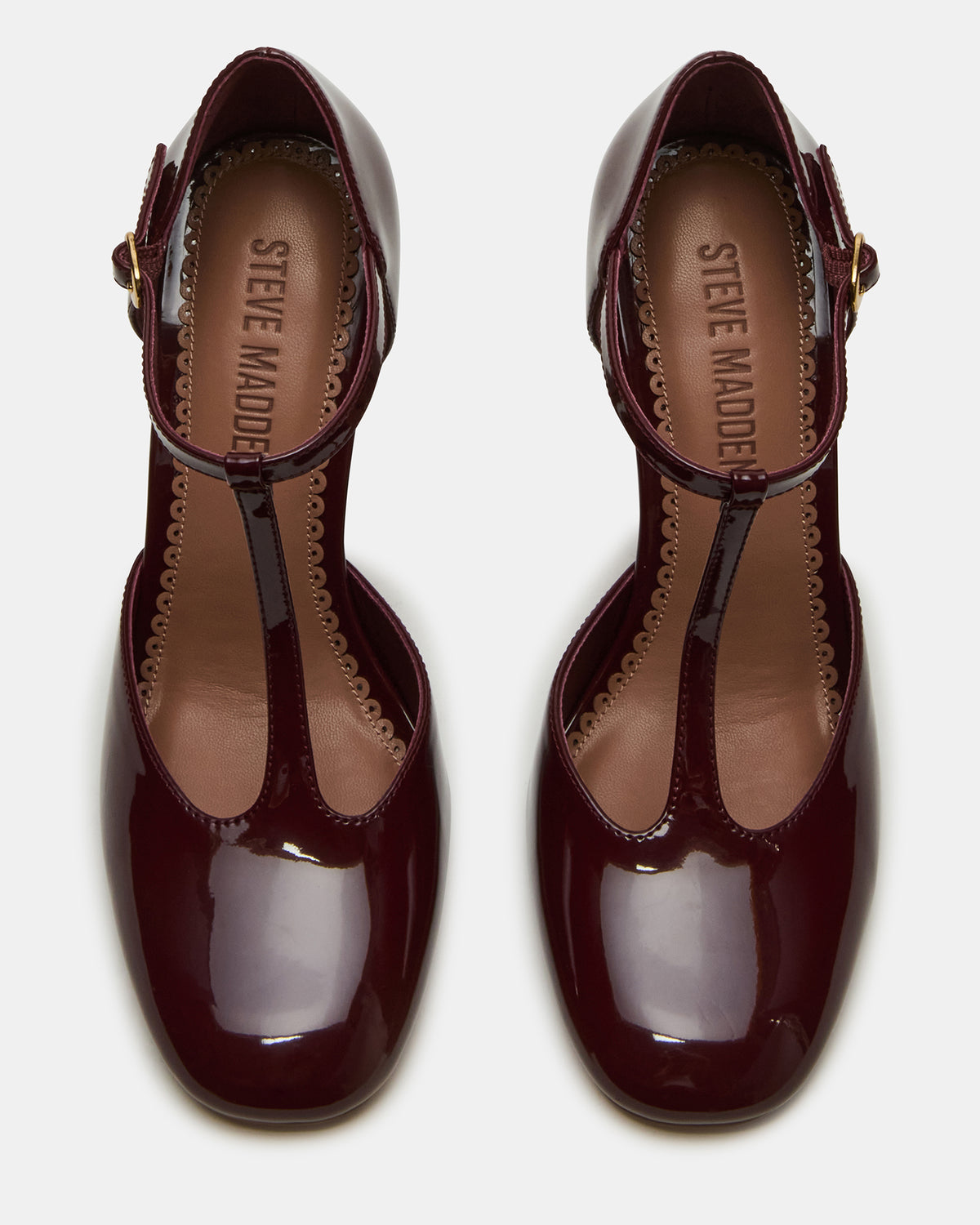 MALCOLM Burgundy Patent T-Strap Block Heel Women's Heel | Steve Madden Best Seller