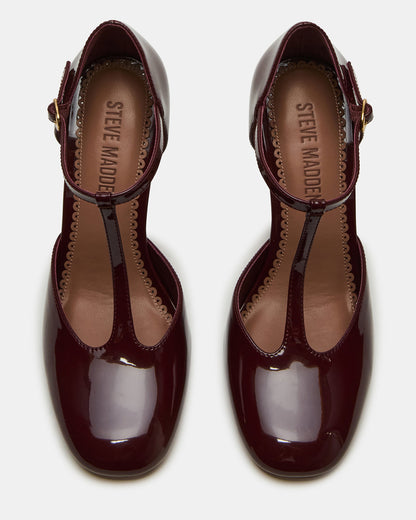 MALCOLM Burgundy Patent T-Strap Block Heel Women's Heel | Steve Madden Best Seller