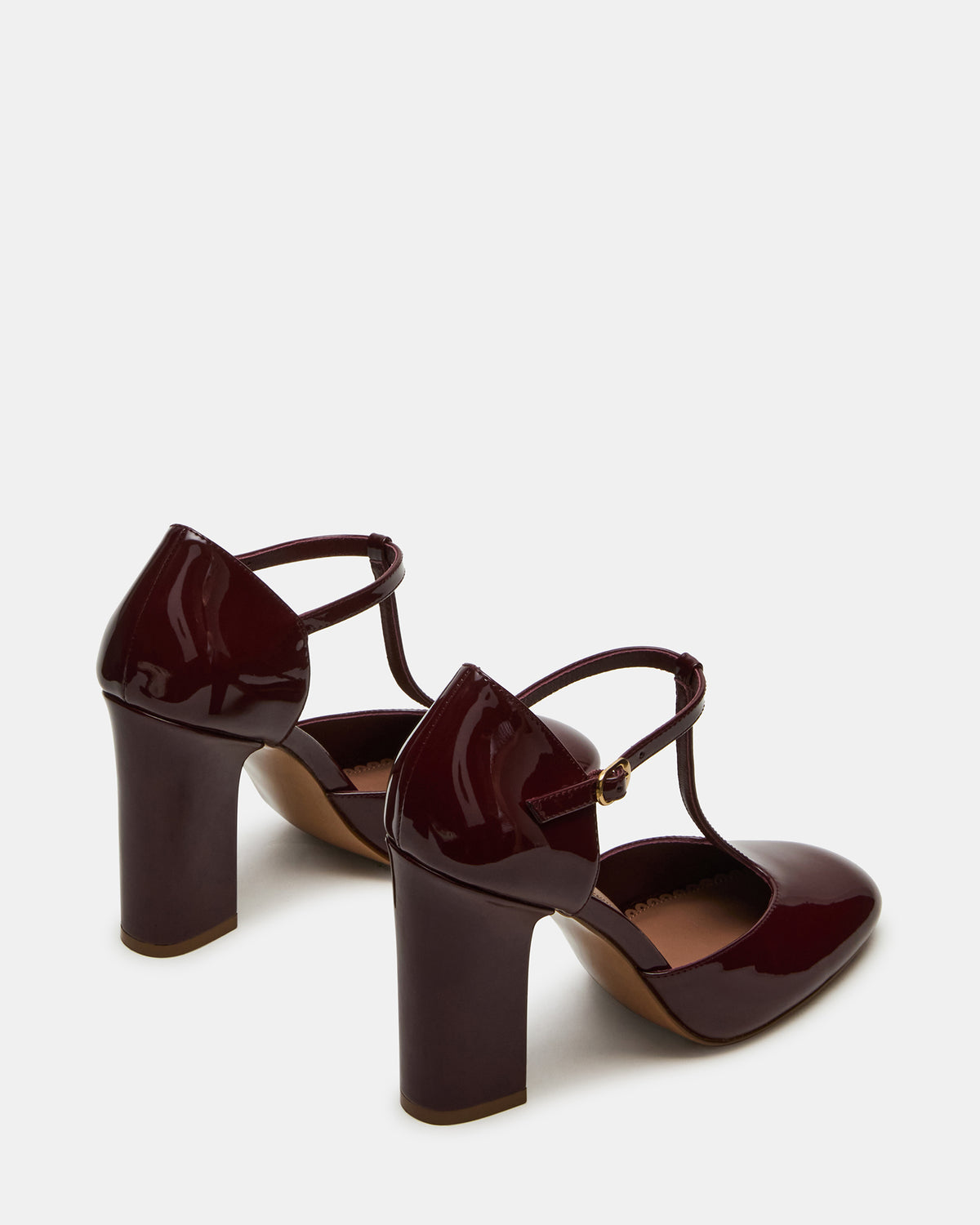 MALCOLM Burgundy Patent T-Strap Block Heel Women's Heel | Steve Madden Best Seller
