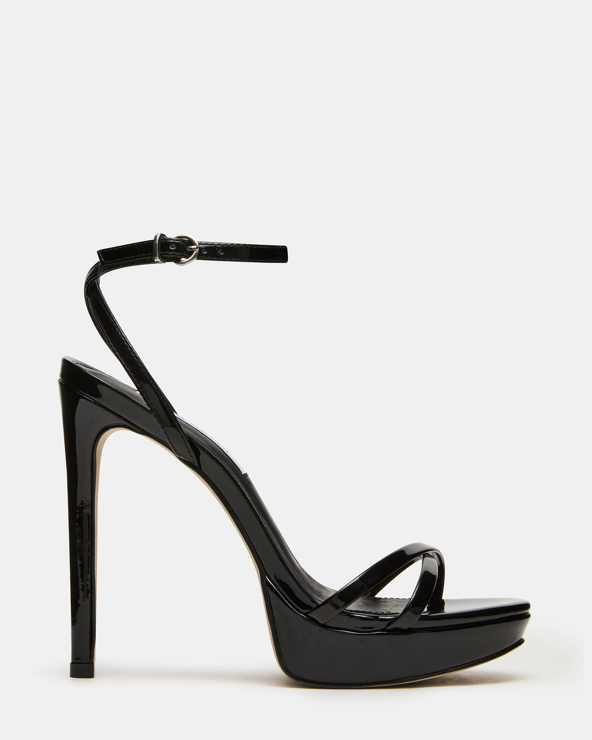 JUNI Black Patent Criss Cross Stiletto Ankle Strap Women's Heel | Steve Madden Exclusive
