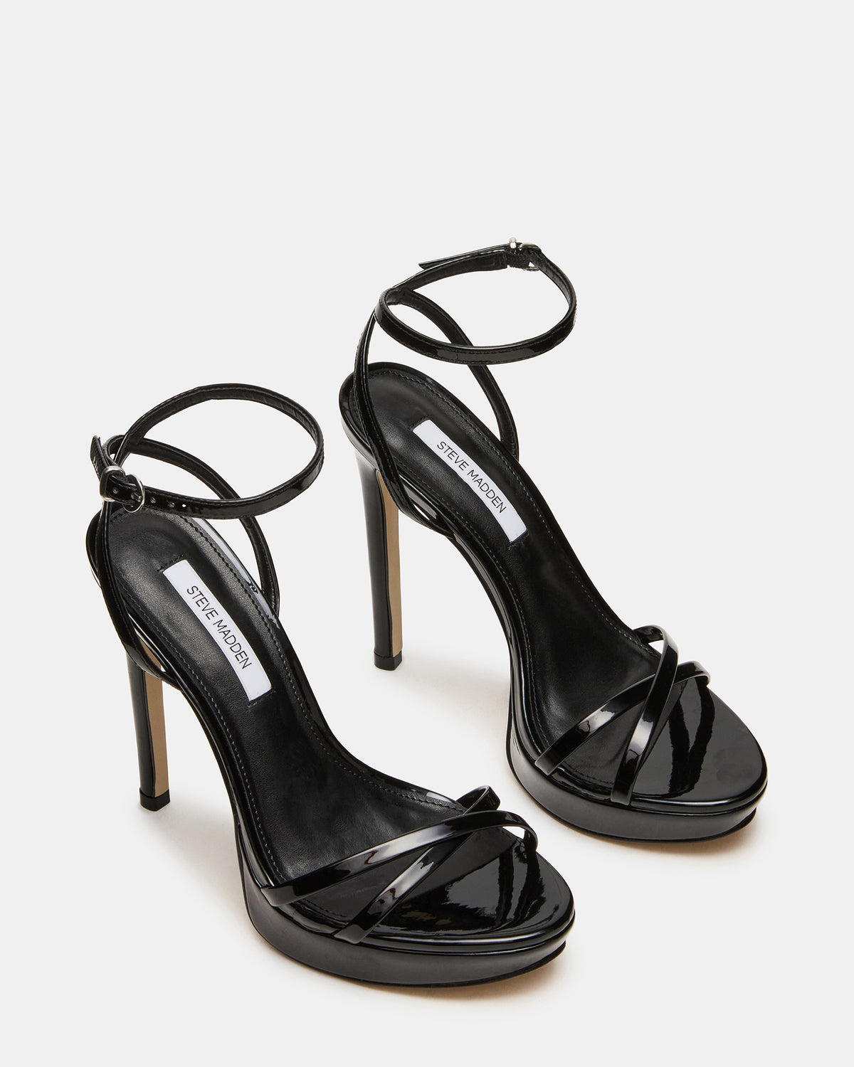 JUNI Black Patent Criss Cross Stiletto Ankle Strap Women's Heel | Steve Madden Exclusive