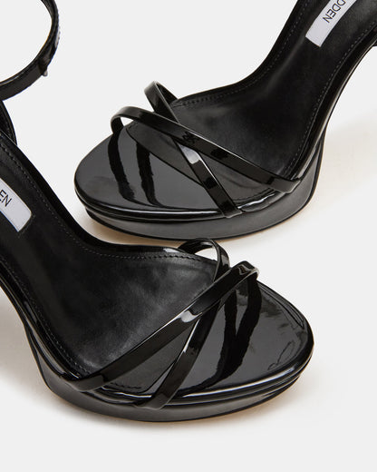 JUNI Black Patent Criss Cross Stiletto Ankle Strap Women's Heel | Steve Madden Exclusive