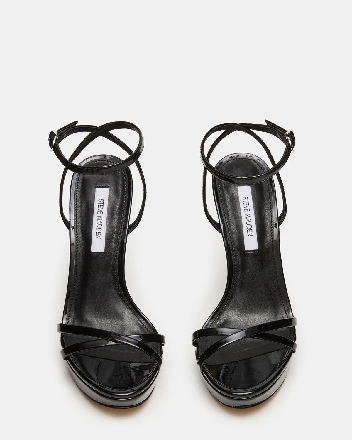 JUNI Black Patent Criss Cross Stiletto Ankle Strap Women's Heel | Steve Madden Exclusive