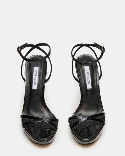 JUNI Black Patent Criss Cross Stiletto Ankle Strap Women's Heel | Steve Madden Exclusive