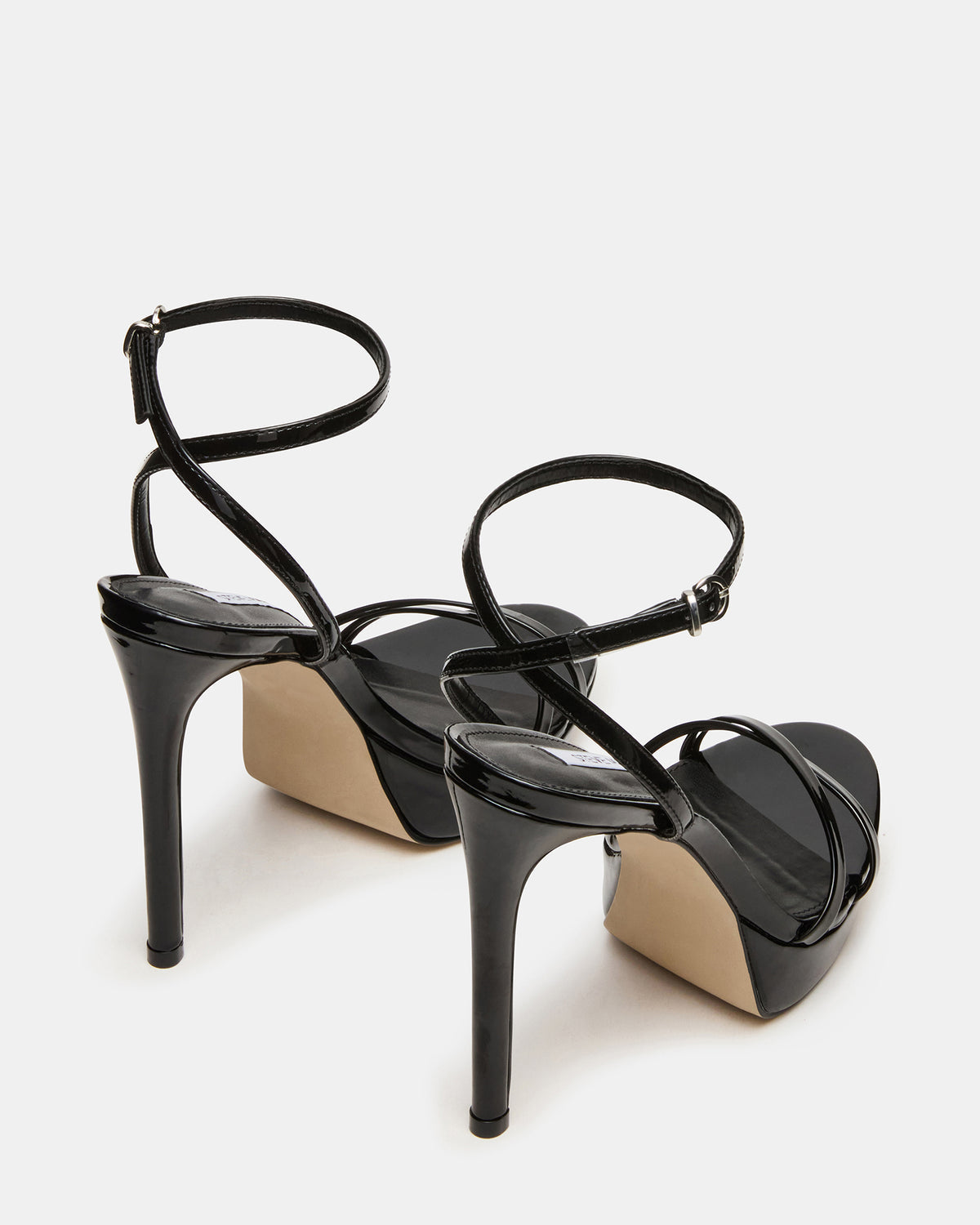 JUNI Black Patent Criss Cross Stiletto Ankle Strap Women's Heel | Steve Madden Exclusive