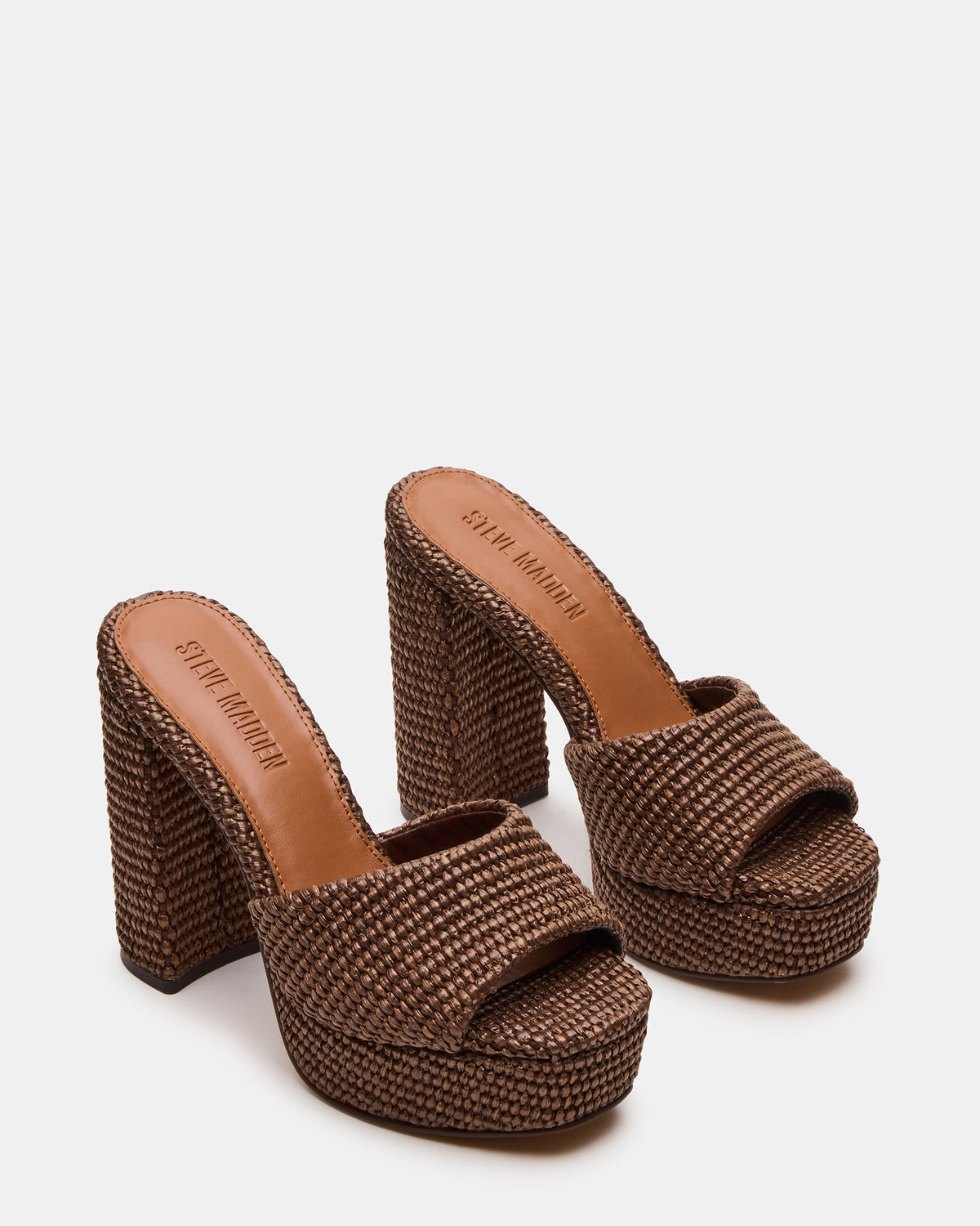 JOEL Brown Raffia Square-Toe Platform Raffia Mule Women's Heel | Steve Madden Classic