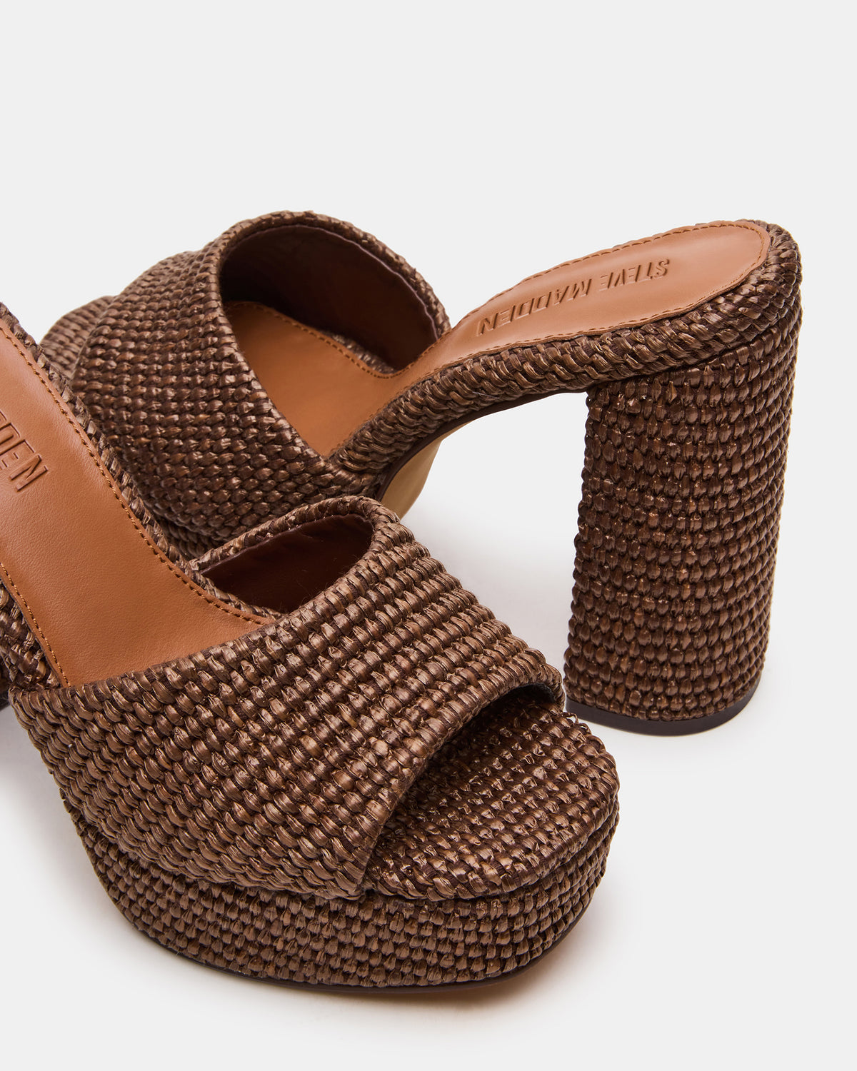 JOEL Brown Raffia Square-Toe Platform Raffia Mule Women's Heel | Steve Madden Classic