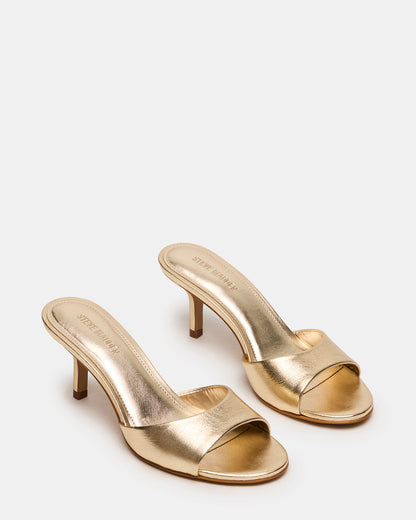 KENDRIX Gold Leather Mule Stiletto Women's Heel | Steve Madden Customer Favorite