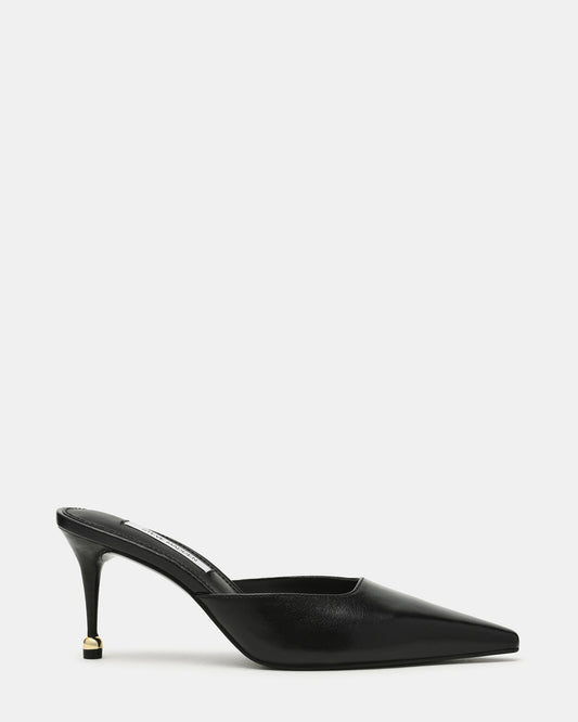 ADELINE Black Leather Mule Pointed-Toe Gold-Detail Women's Heel | Steve Madden Sale