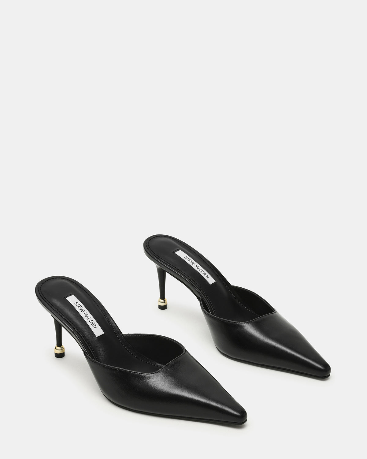 ADELINE Black Leather Mule Pointed-Toe Gold-Detail Women's Heel | Steve Madden Sale