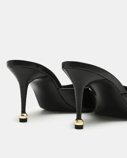 ADELINE Black Leather Mule Pointed-Toe Gold-Detail Women's Heel | Steve Madden Sale