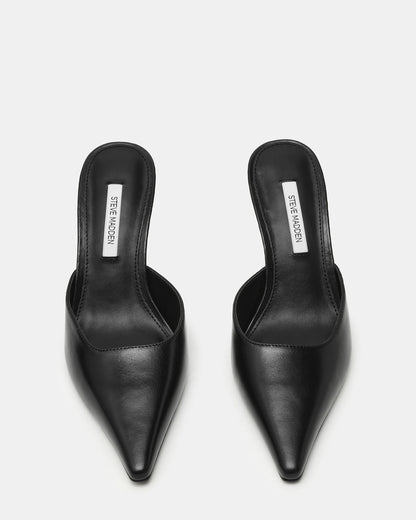 ADELINE Black Leather Mule Pointed-Toe Gold-Detail Women's Heel | Steve Madden Sale