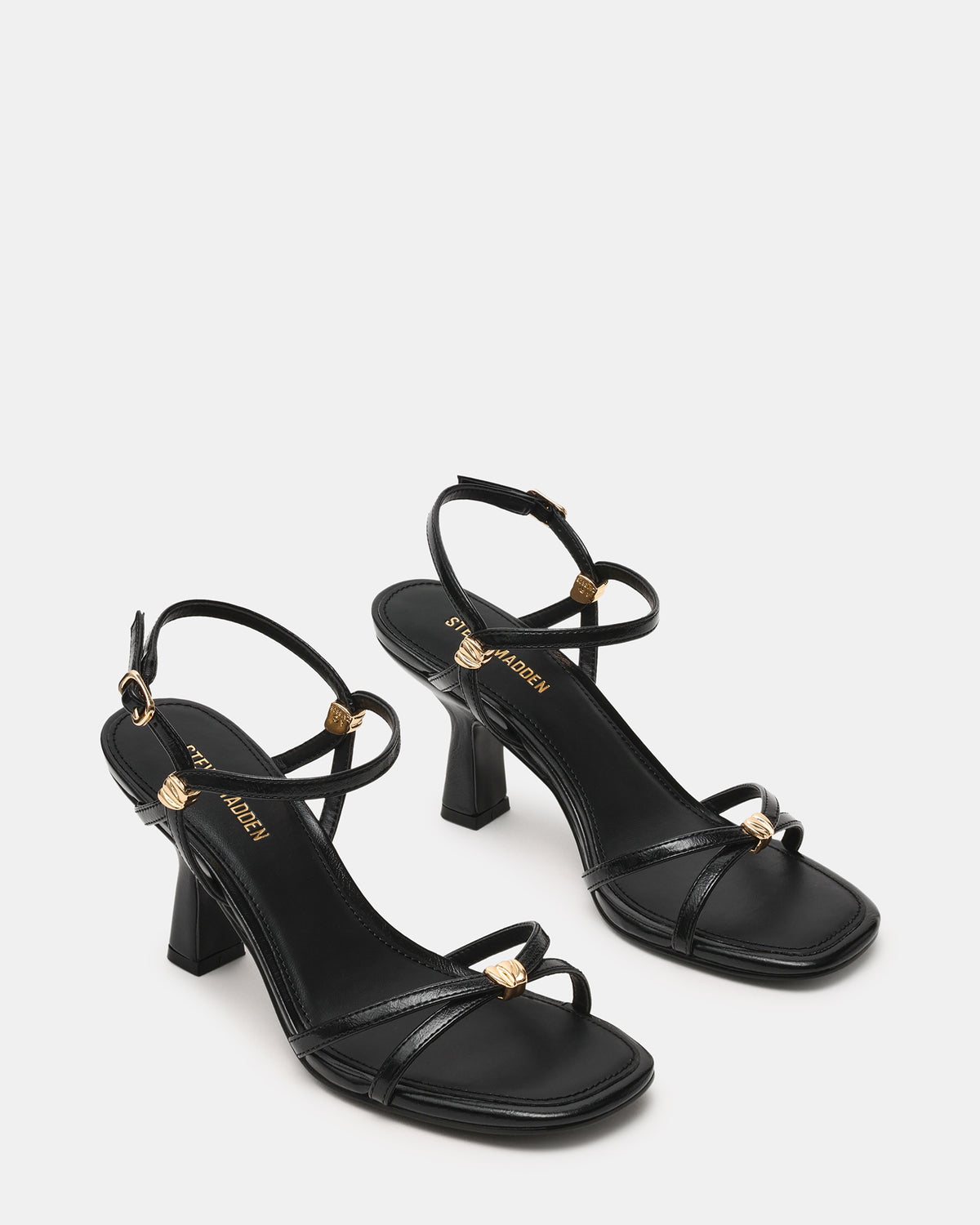 POSY Black Gold-Detail Strappy Square-Toe Women's Heel | Steve Madden Deals
