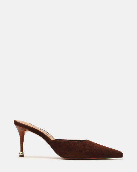 ADELINE Brown Suede Mule Pointed-Toe Gold-Detail Women's Heel | Steve Madden Great Value