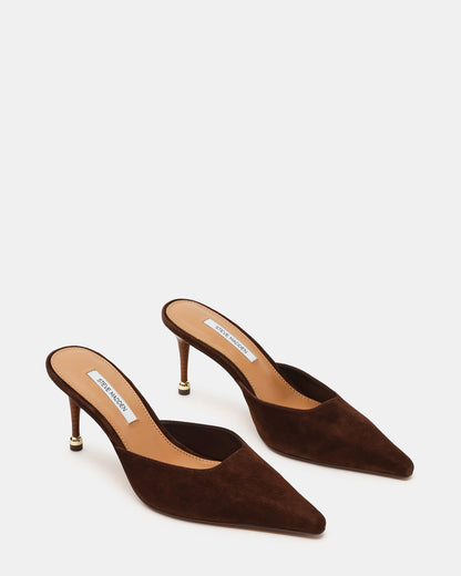 ADELINE Brown Suede Mule Pointed-Toe Gold-Detail Women's Heel | Steve Madden Great Value