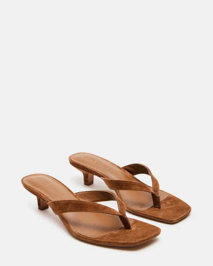 TRACIE Chestnut Suede Thong Strap Women's Kitten Heel | Steve Madden Value