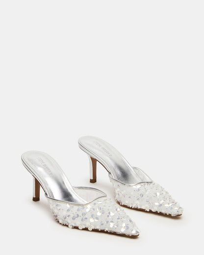 ALEXI Sequin Silver Pointed-Toe Mule Women's Heel | Steve Madden Signature