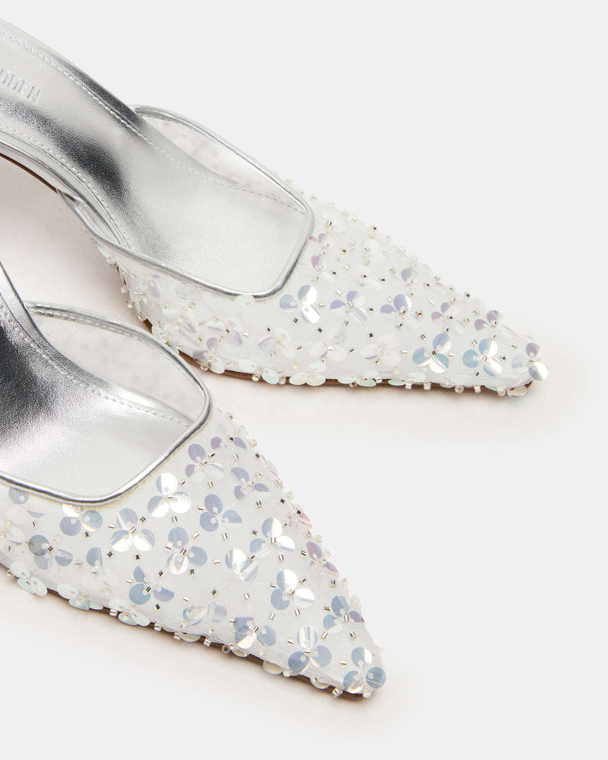 ALEXI Sequin Silver Pointed-Toe Mule Women's Heel | Steve Madden Signature