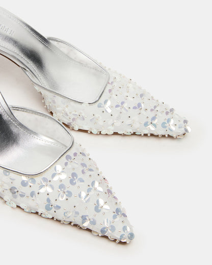 ALEXI Sequin Silver Pointed-Toe Mule Women's Heel | Steve Madden Signature