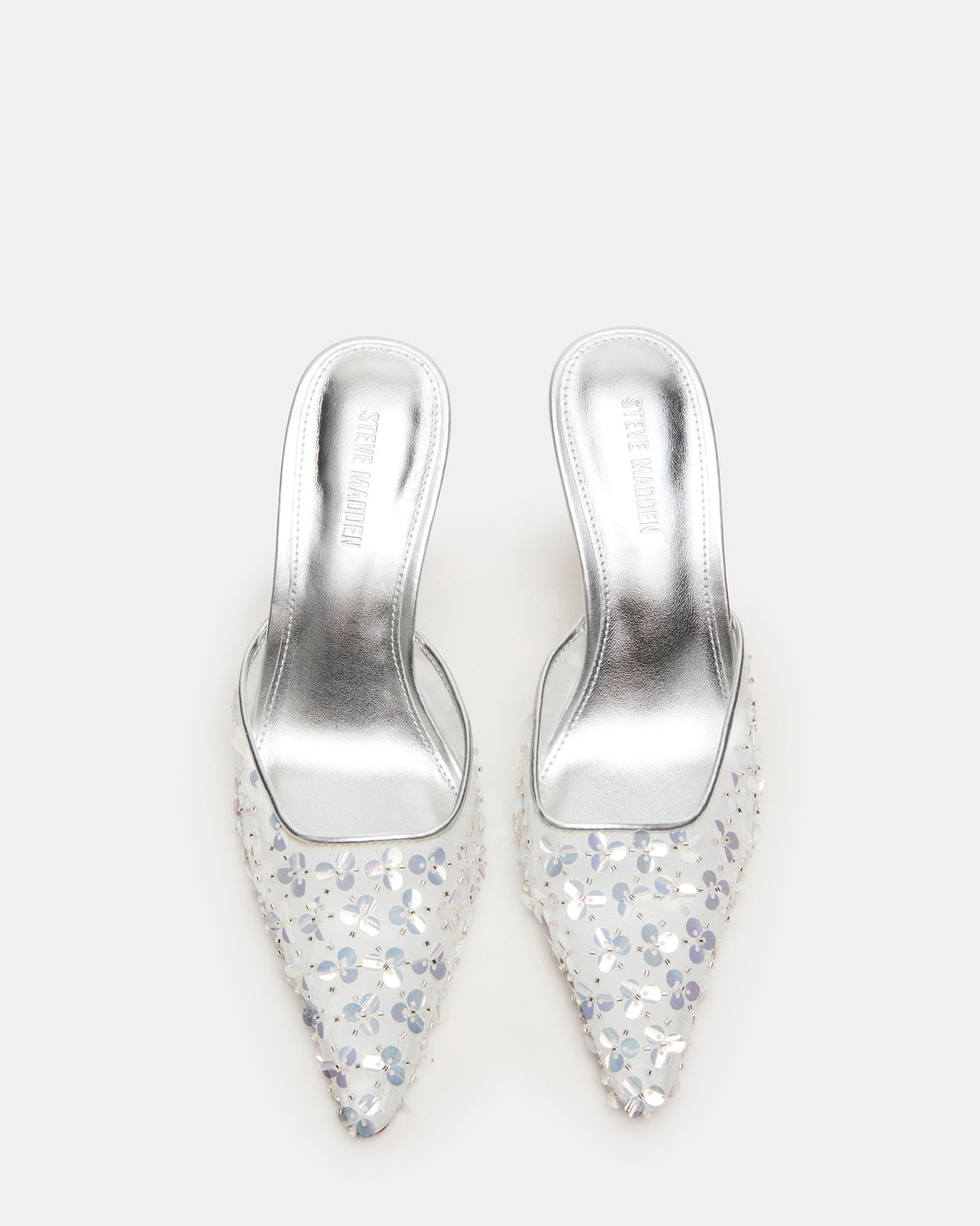 ALEXI Sequin Silver Pointed-Toe Mule Women's Heel | Steve Madden Signature