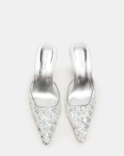 ALEXI Sequin Silver Pointed-Toe Mule Women's Heel | Steve Madden Signature