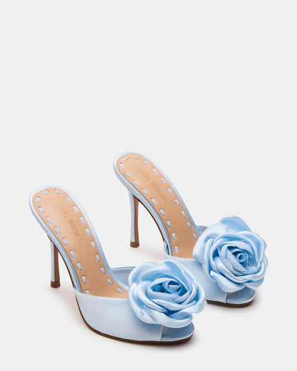 PRIYA Flower Blue Satin Mule Women's Heel | Steve Madden Latest