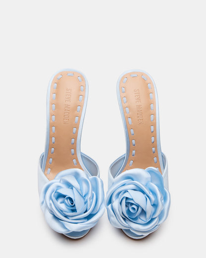 PRIYA Flower Blue Satin Mule Women's Heel | Steve Madden Latest