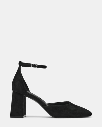 HARTLYN Black Suede Square-Toe Block Heel Ankle Strap Women's Heel | Steve Madden Trusted