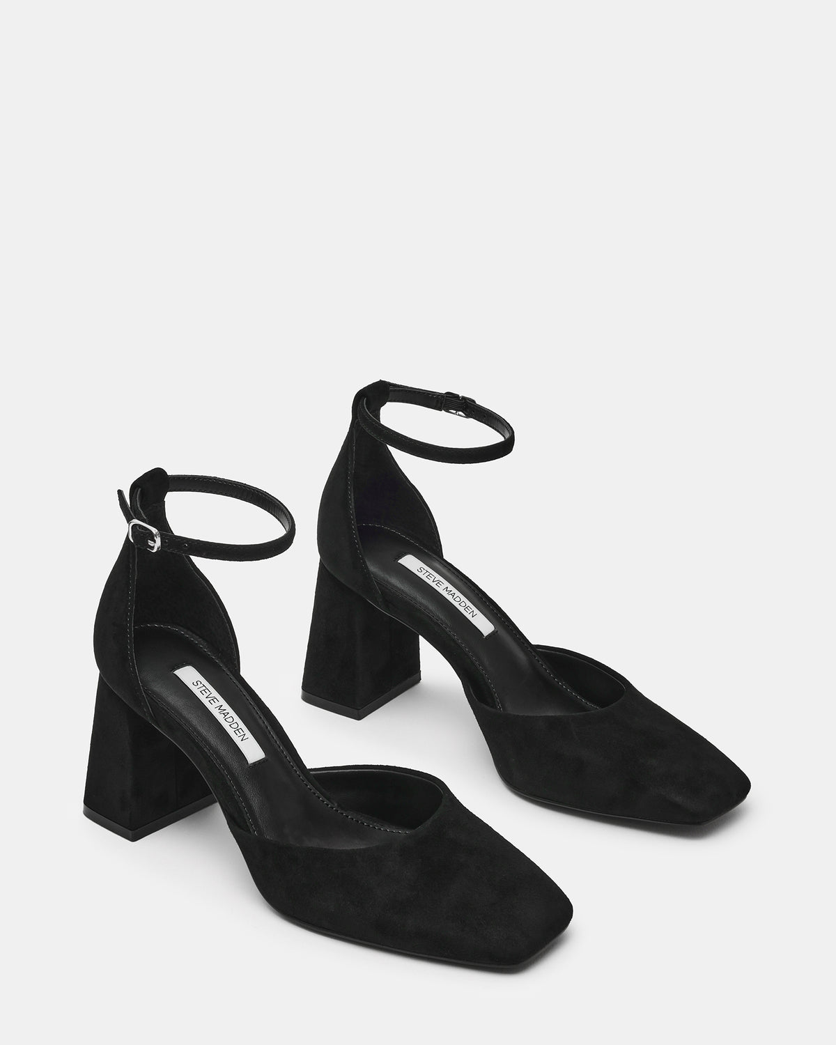 HARTLYN Black Suede Square-Toe Block Heel Ankle Strap Women's Heel | Steve Madden Trusted